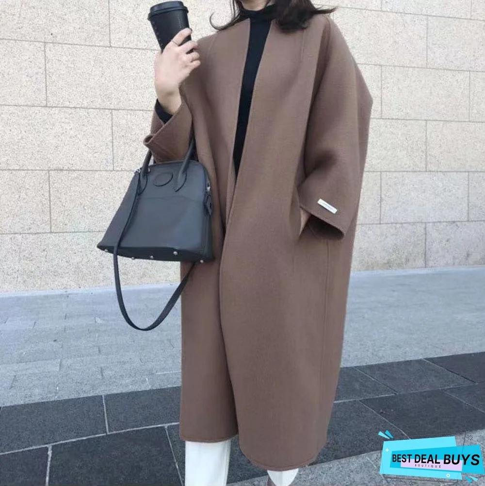 Temperament Coat Long Solid Color Straight Coat Female