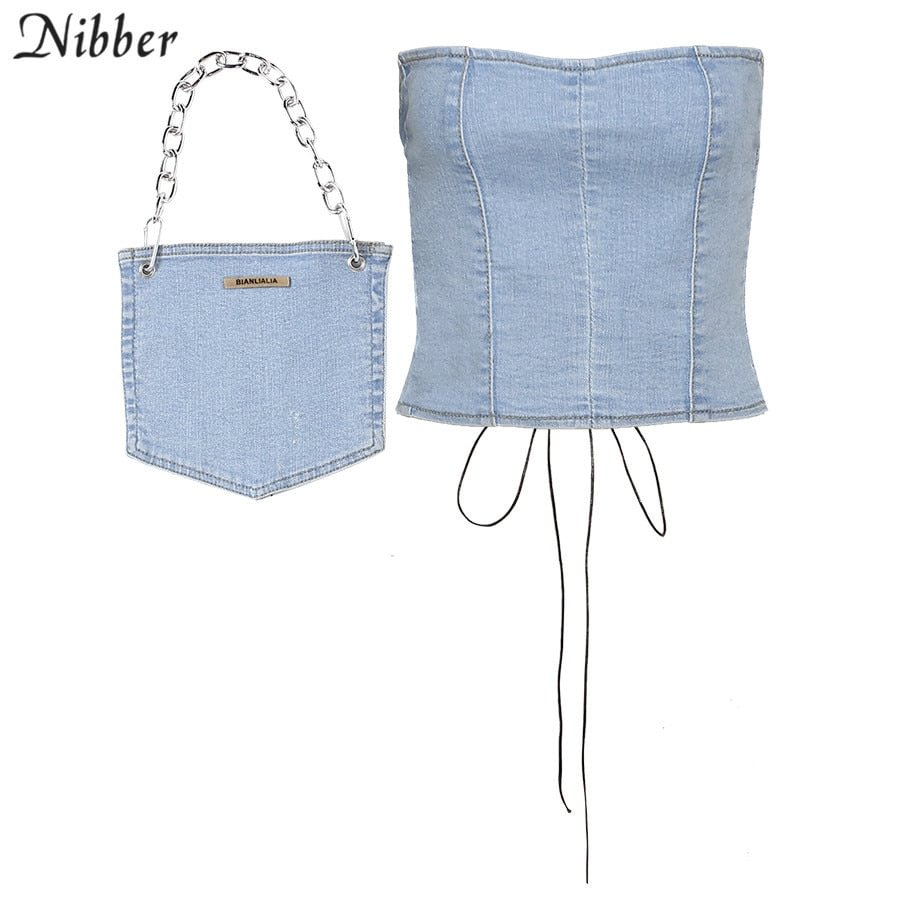 Nibber Stylish Patchwork Strappy Denim Tube Top Corset + Bag 2 Two Pieces Women Backless Casual Streetwear Strapless Club Tank