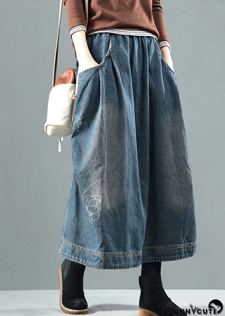 Casual Blue Elastic Waist Pockets Patchwork Fall Denim Skirt