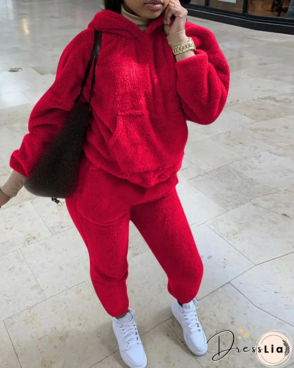 Plain Fluffy Teddy Hooded Top & Pants Set