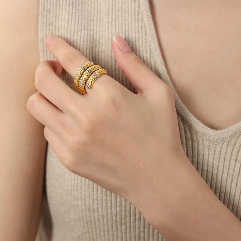 Minimalist Color Block Stripe Titanium Steel Artificial Diamond 18K Gold Plated Plating Inlay Open Rings