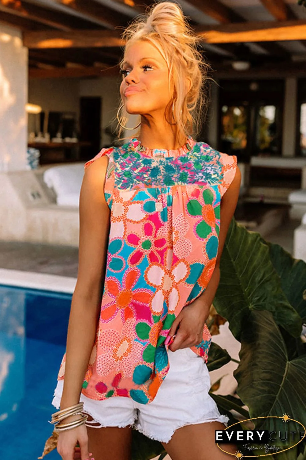 Pink Embroidered Detail Floral Print Ruffle Trim Tank Top