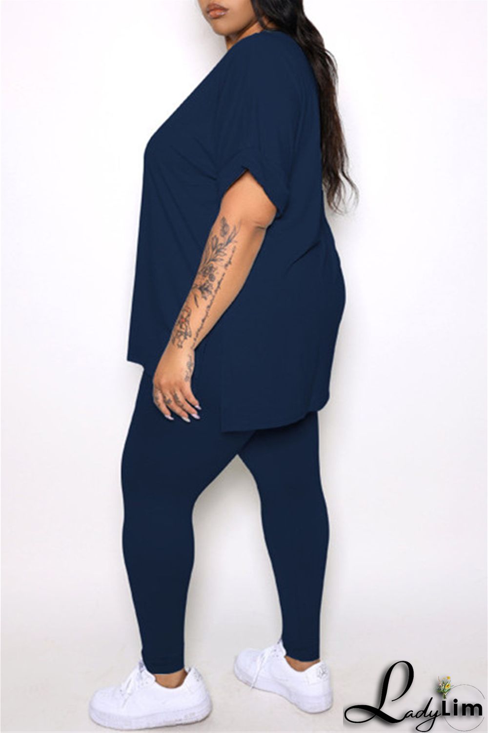 Tibetan Blue Fashion Casual Solid Slit V Neck Plus Size Two Pieces