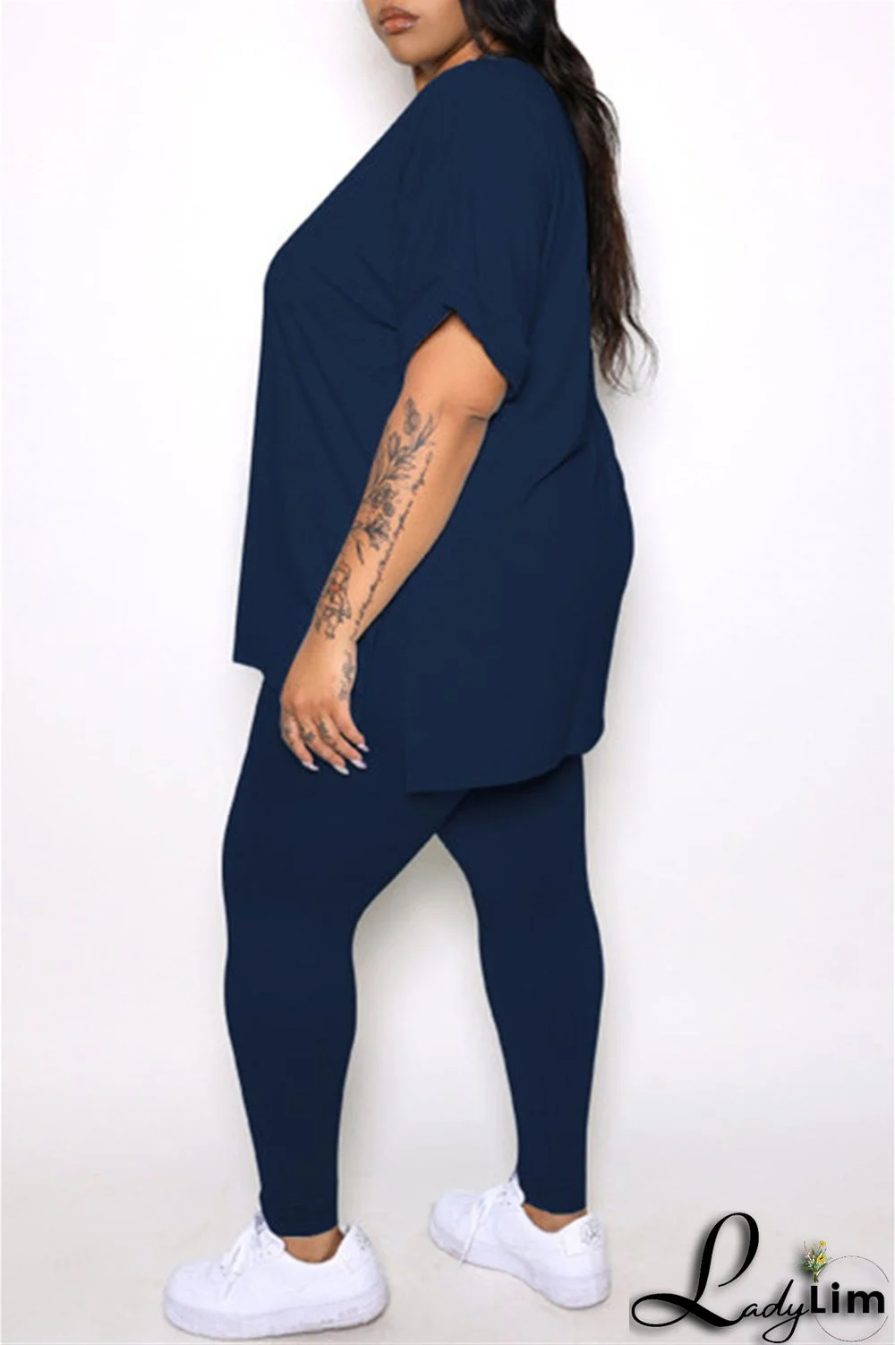 Tibetan Blue Fashion Casual Solid Slit V Neck Plus Size Two Pieces