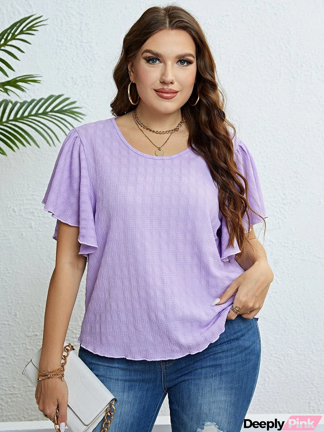 Textured Round Neck Flutter Sleeve Blouse