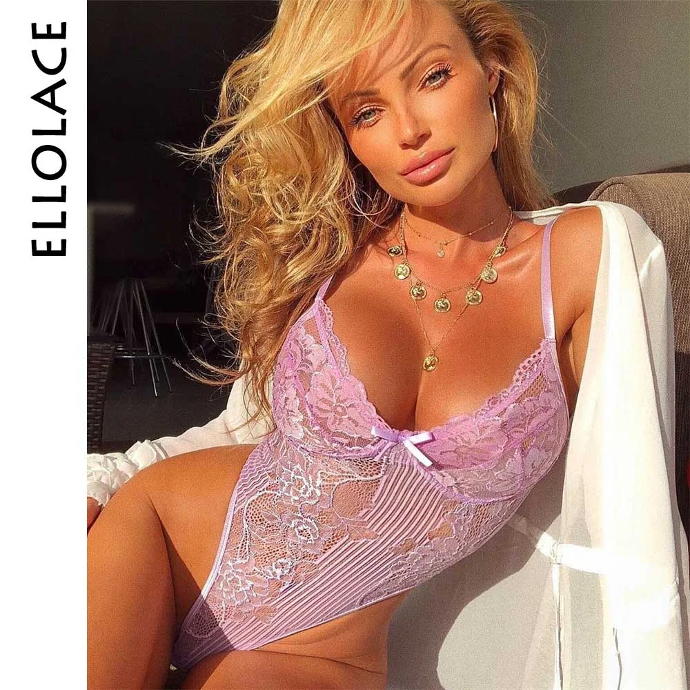 Ellolace Neon Summer 21 Colors Lace Bodysuit Women Floral Embroidery Bow Tie Transparent Sexy Bodysuit Jumpsuit Overalls Party 708-2