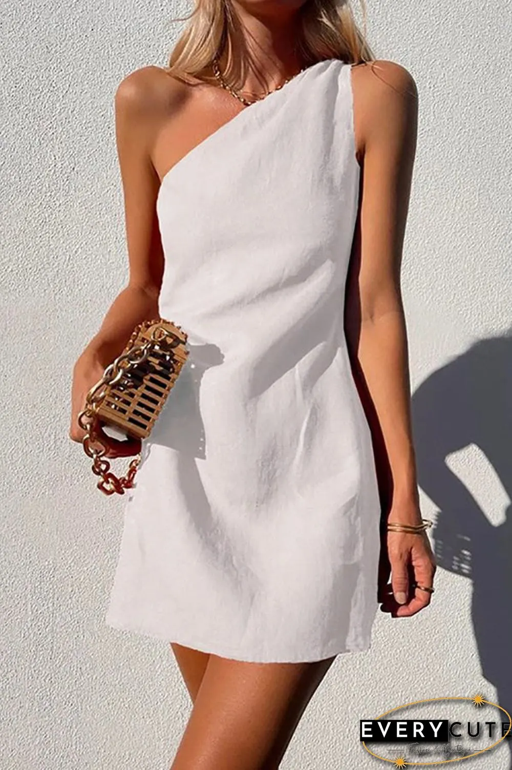 Minimalism One Shoulder Linen Mini Dress