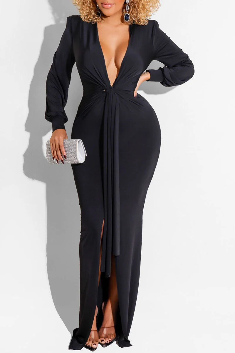 Sexy Solid Split Joint Asymmetrical V Neck Straight Dresses