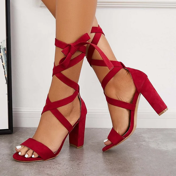 Lace Up High Heeled Sandals Chunky Block Ankle Tie Strap Heels