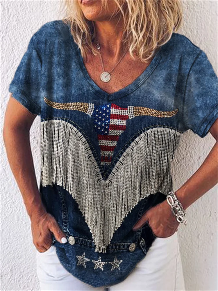Bull Skull American Flag Glitter Denim Art Graphic T Shirt