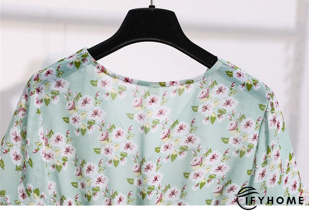Spring Summer Chiffon Women V-Neck Floral Print Short Dresses Sweet Ruffle Sleeeve Slim Drawstring Ladies Dress | IFYHOME