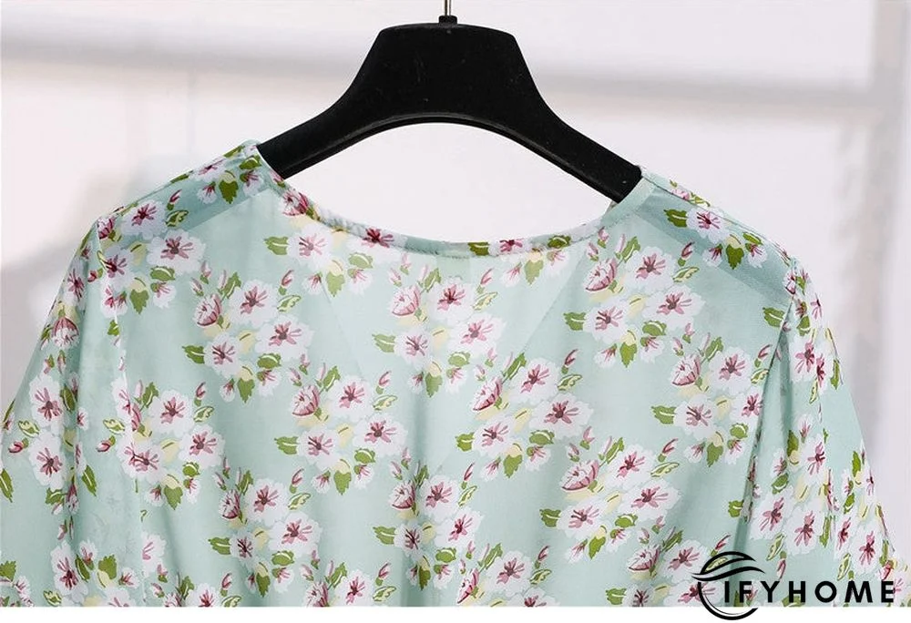 Spring Summer Chiffon Women V-Neck Floral Print Short Dresses Sweet Ruffle Sleeeve Slim Drawstring Ladies Dress | IFYHOME