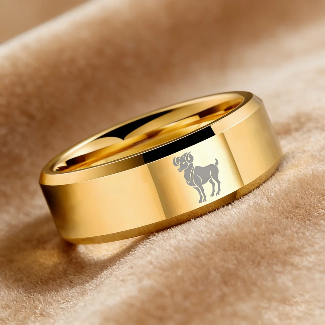 Beveled Edges Laser Etched Tungsten Carbide Gold Aries Couple Wedding Bands 4MM 6MM 8MM Width