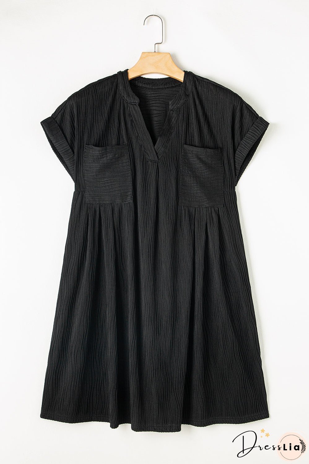 Black Textured V Neck Short Sleeve Pockted Mini Dress