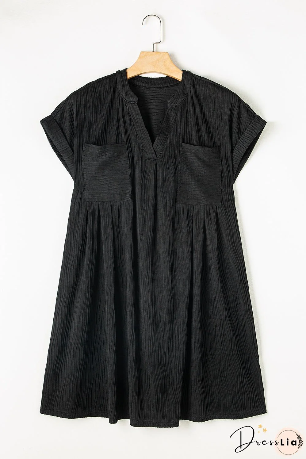 Black Textured V Neck Short Sleeve Pockted Mini Dress