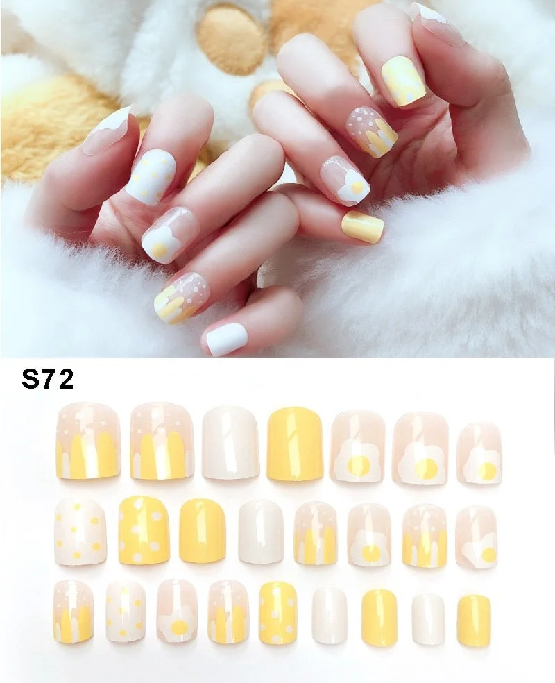 24pcs/set Elegant Fake Nails Black White Stripe Color Mix Chic Short False Nails with Pearl Rhinestone Square Acrylic Nails Tips-Nail Inspo