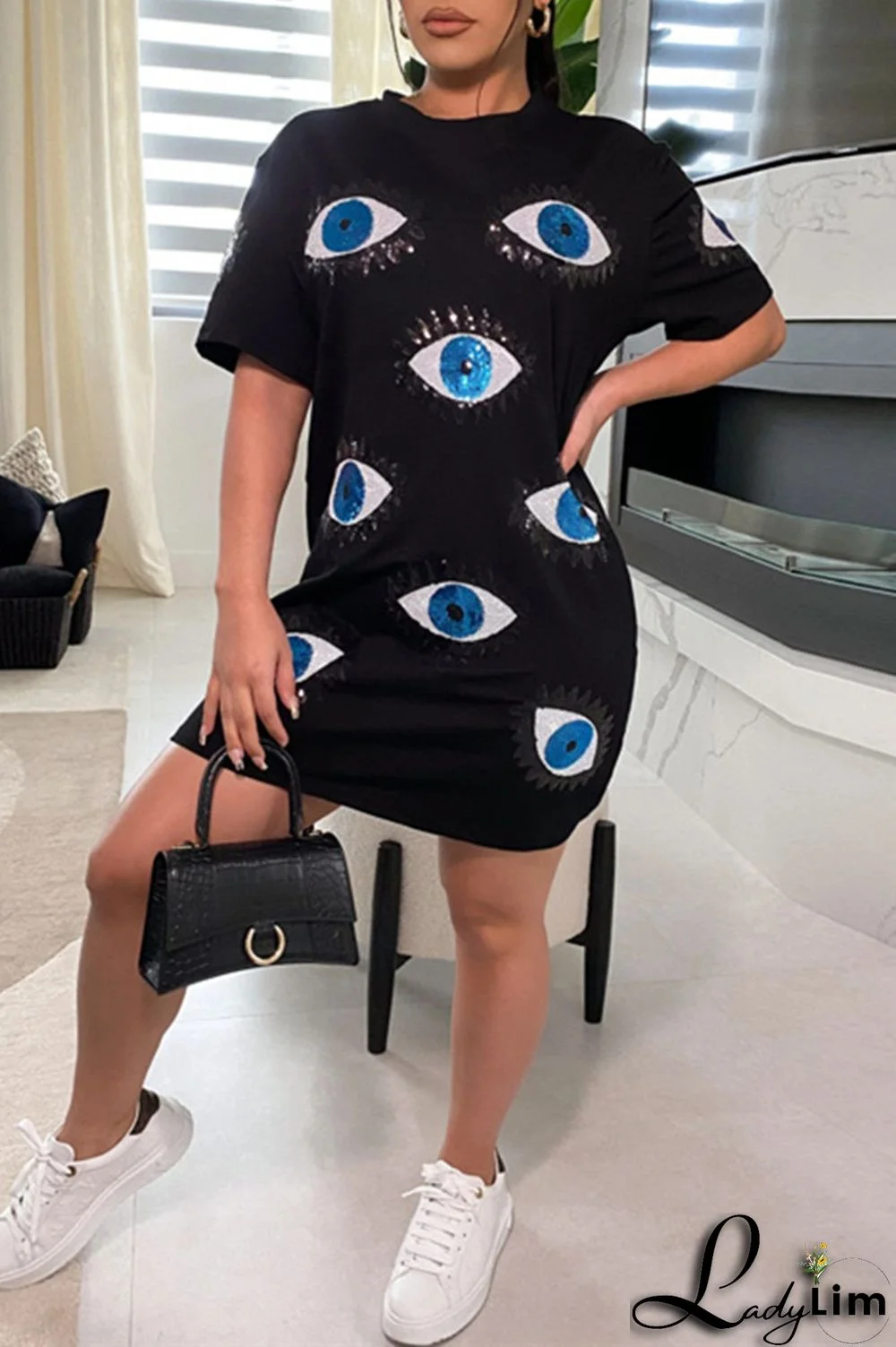 Rose Red Fashion Casual Patchwork Sequins O Neck T-shirt Dress