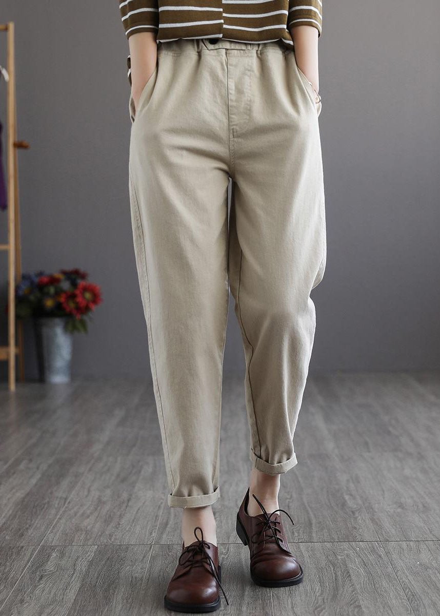 Plus Size Beige elastic waist Pockets Cotton Pants Spring CK2915- Fabulory