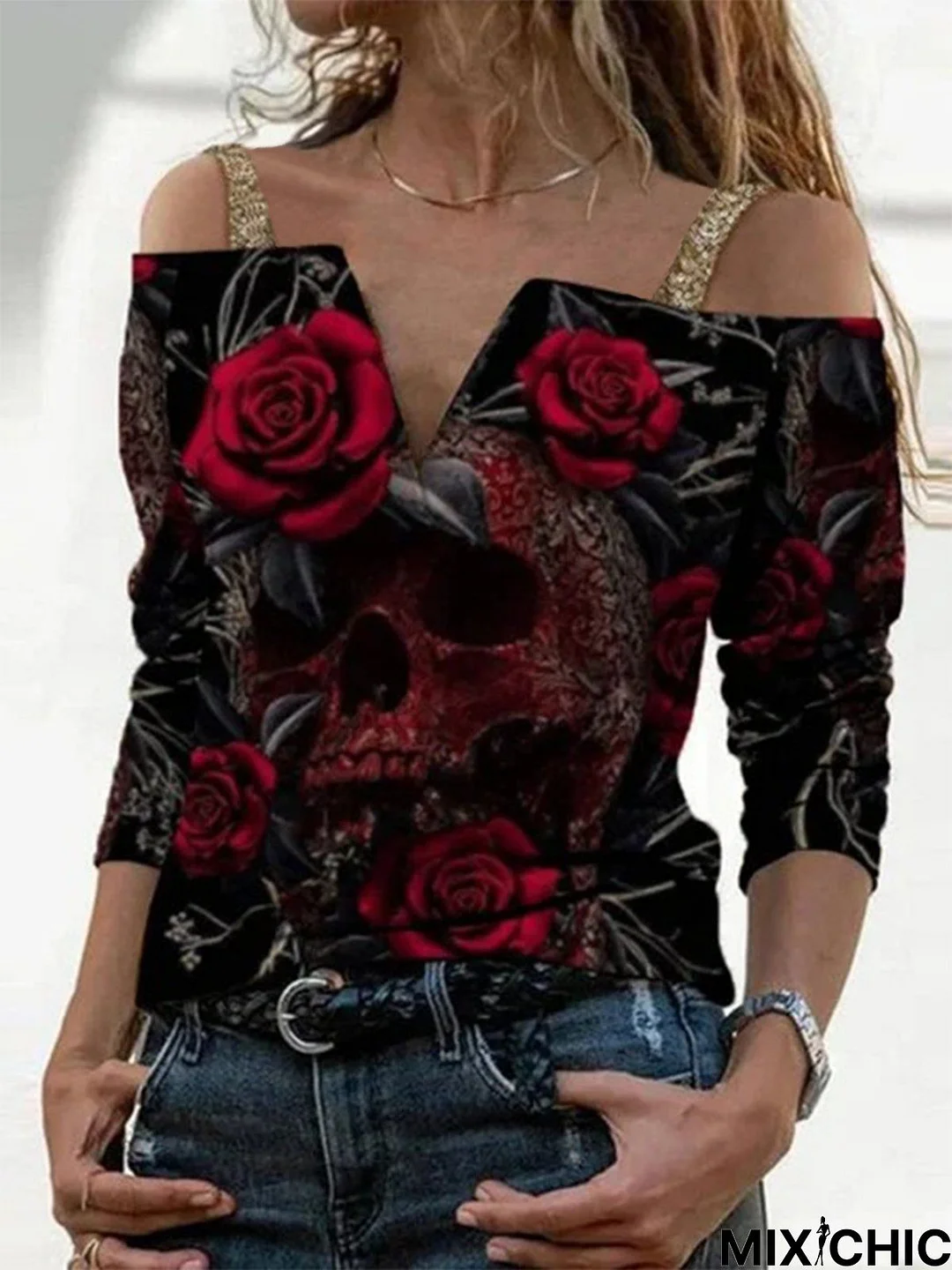 V Neck Floral Floral-Print Long Sleeve T-shirt