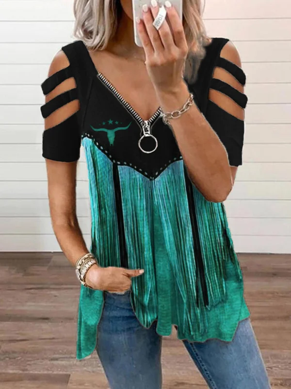 Bull Skull Contrast Tassels Hollow Shoulder T Shirt