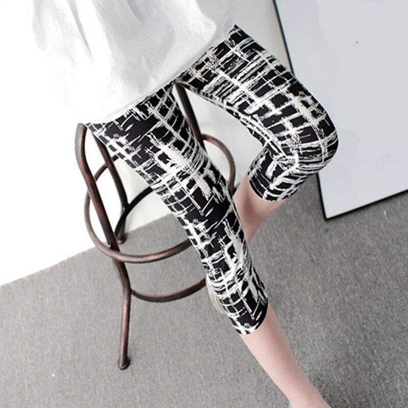 CUHAKCI Women's Calf-Length Leggings Print Grid Short Pant Mujer Casual Elasticity Stripe Fitness Leggins