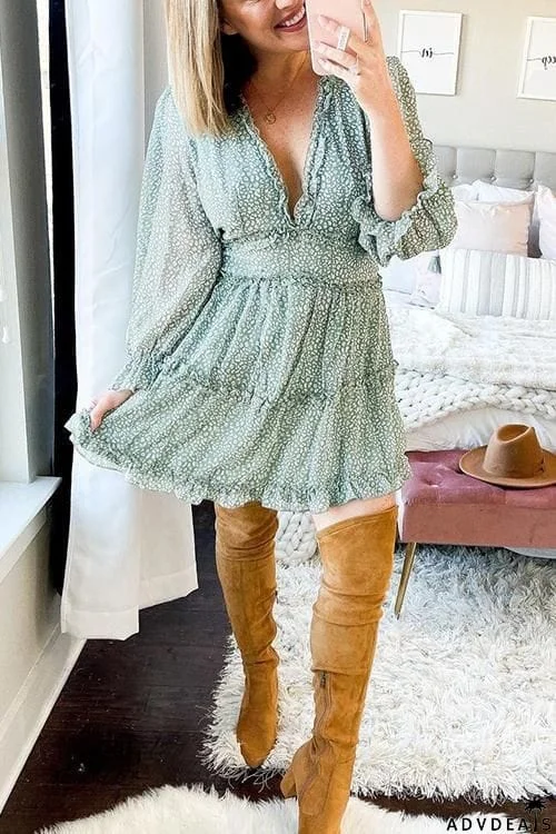 Print V Neck Backless Mini Dress