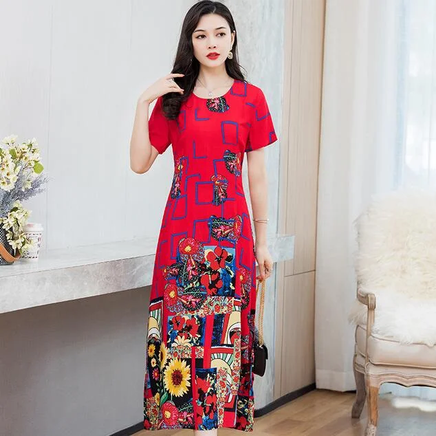 Women Summer Dress Plus Size 5XL Loose Middle-aged Mother Casual Short Sleeve Long Dress O-Neck Floral Print Cotton Dresses