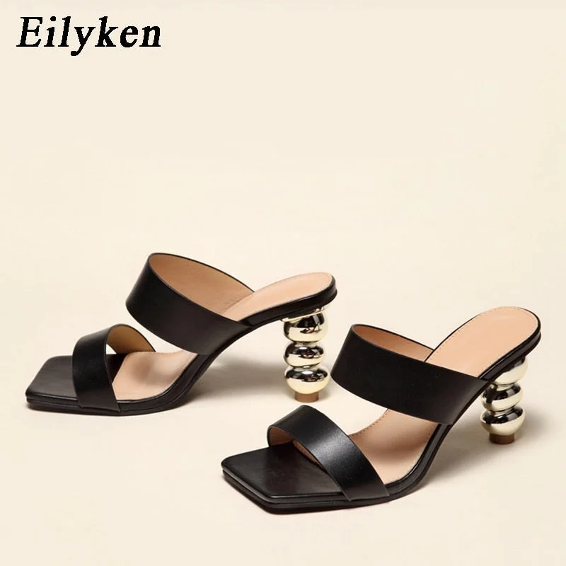 Eilyken New Design Metal Strange High Heels Summer Women Slipper Elegant Square Toe Slip-On Sliders Shoes Ladies Sandals Size 42