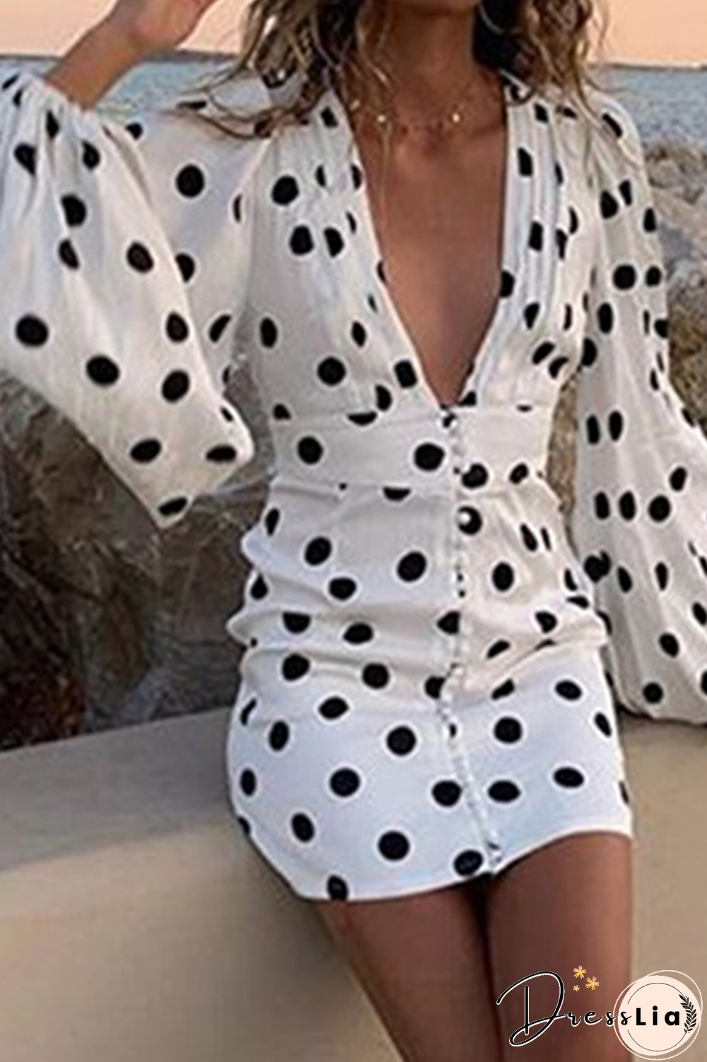 Fashion Elegant Polka Dot Split Joint Buckle V Neck Pencil Skirt Dresses