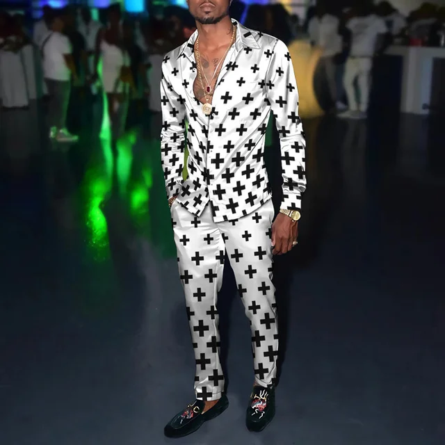 Men's chic casual blue printed silk long sleeve two-piece set