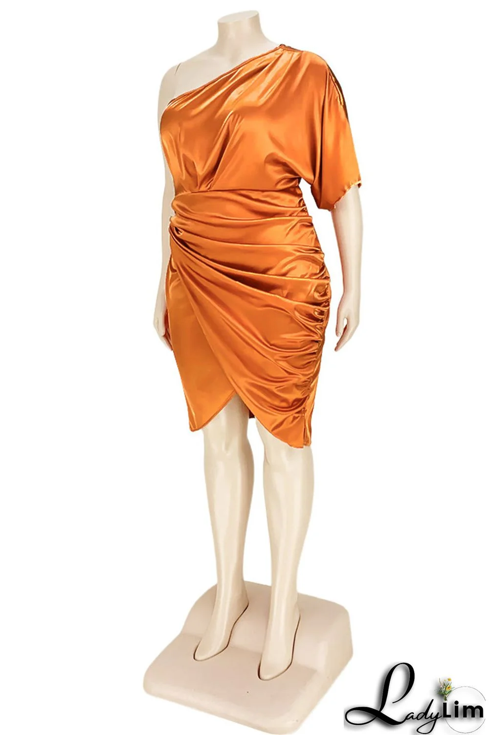 Ink Green Fashion Plus Size Solid Split Joint Backless Fold Oblique Collar Irregular Dress