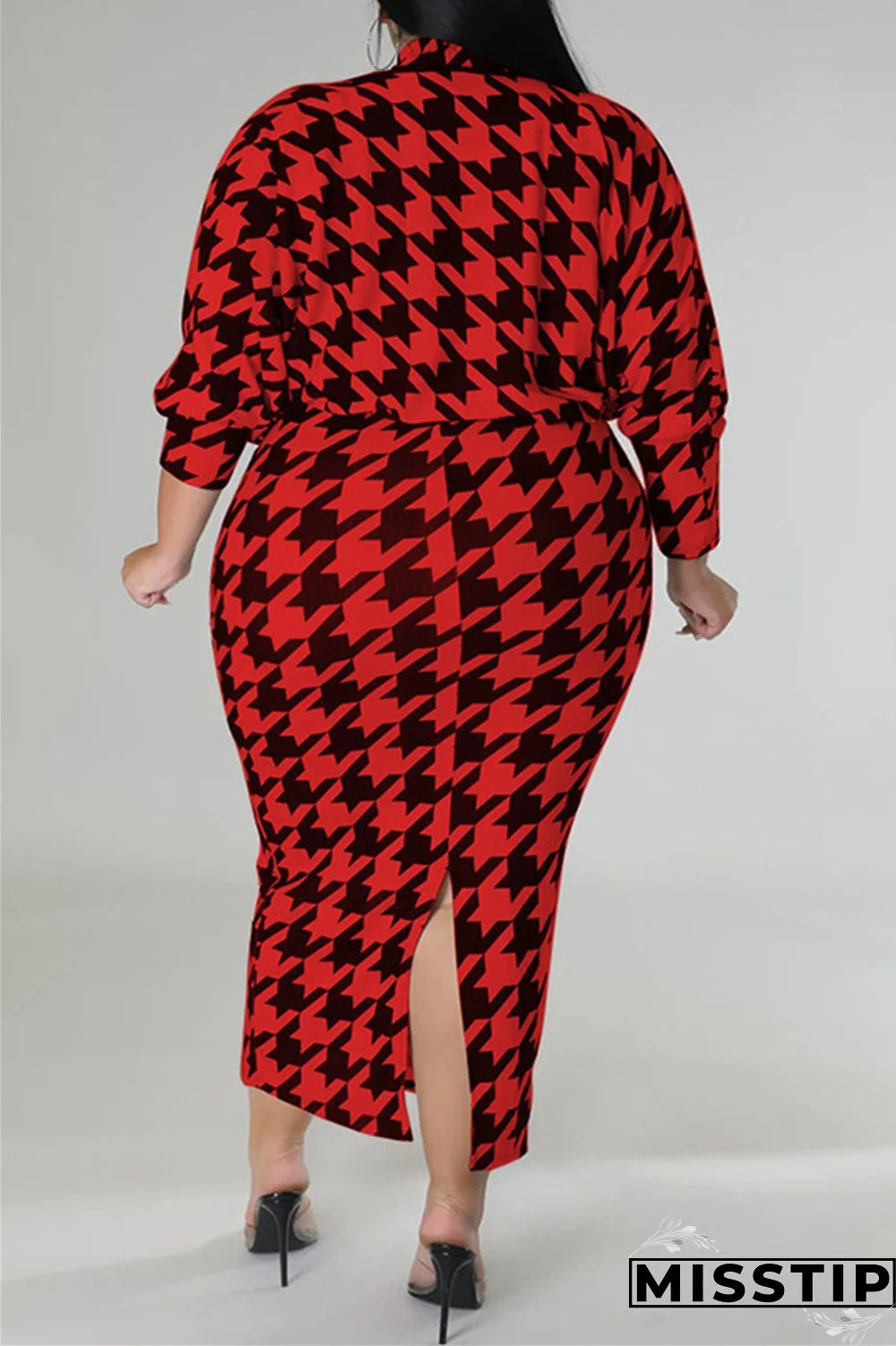 Red Casual Print Basic Half A Turtleneck Sleeveless Dress Plus Size Two Pieces