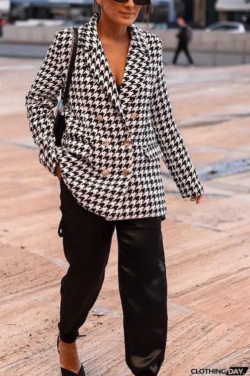 Houndstooth Print Woolen Coat