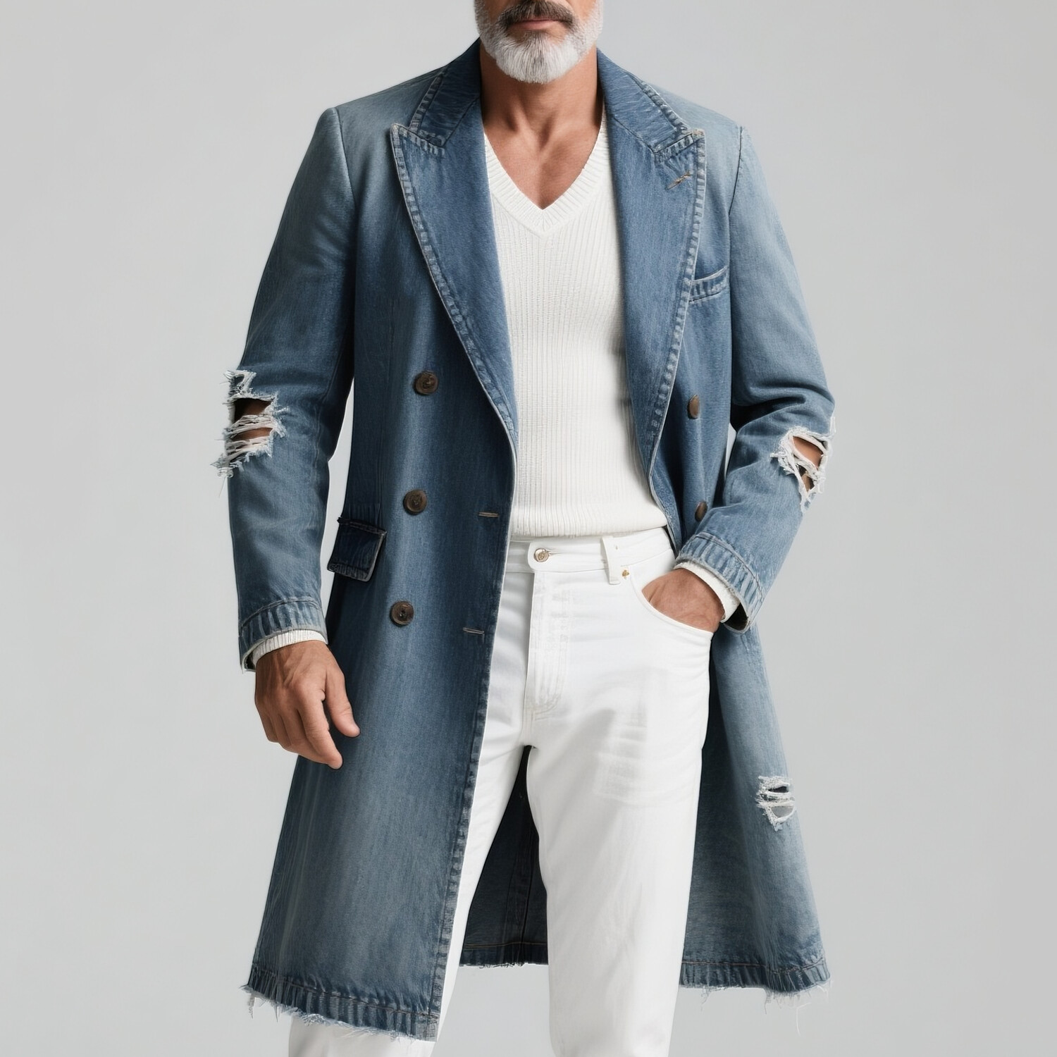 Men's Peaked Lapel Double Breasted Long Sleeve Ripped Denim Overcoat