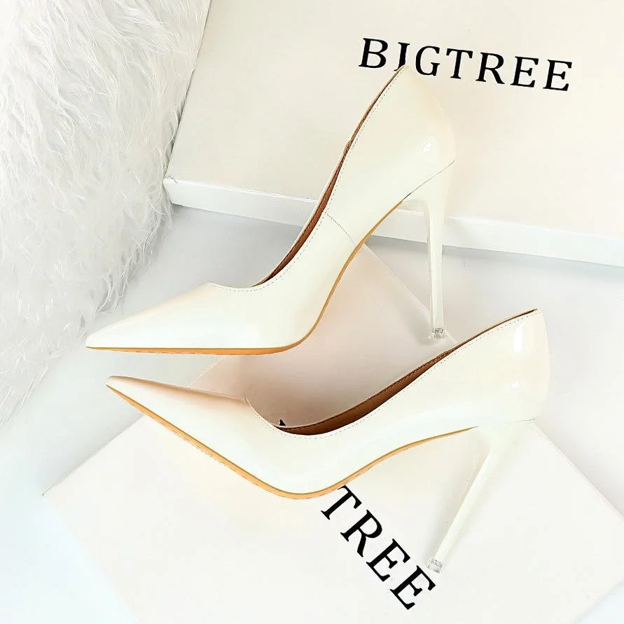 Fashion stiletto shiny patent leather shallow pointy sexy single shoes