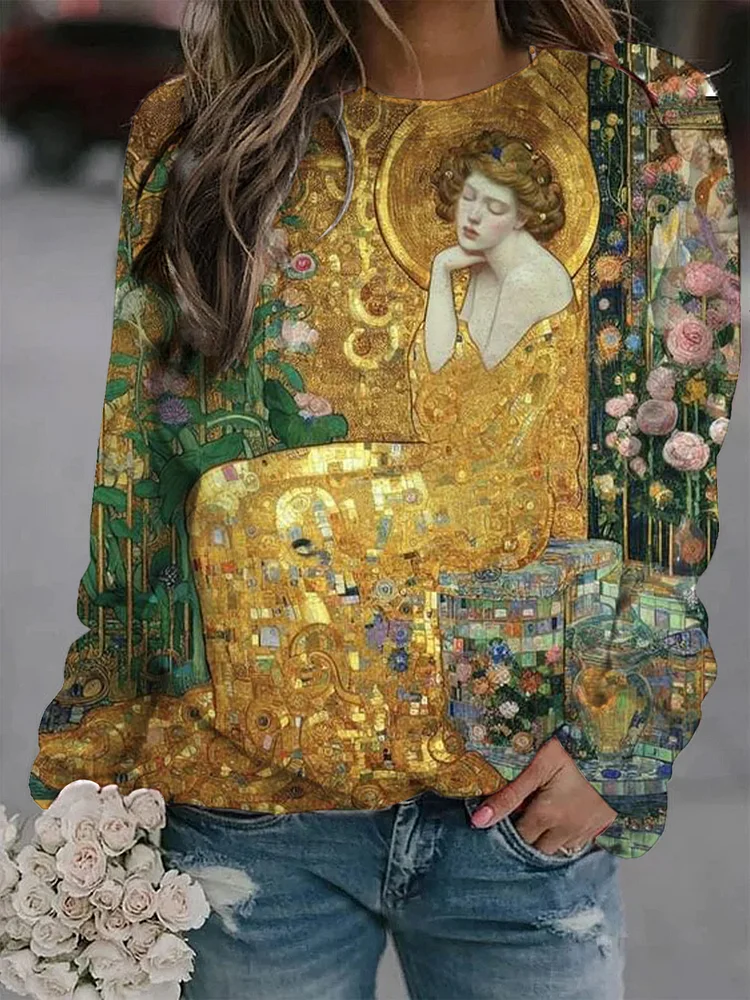 Women's The Lady In Gold Floral Printed Artistic Sweatshirt