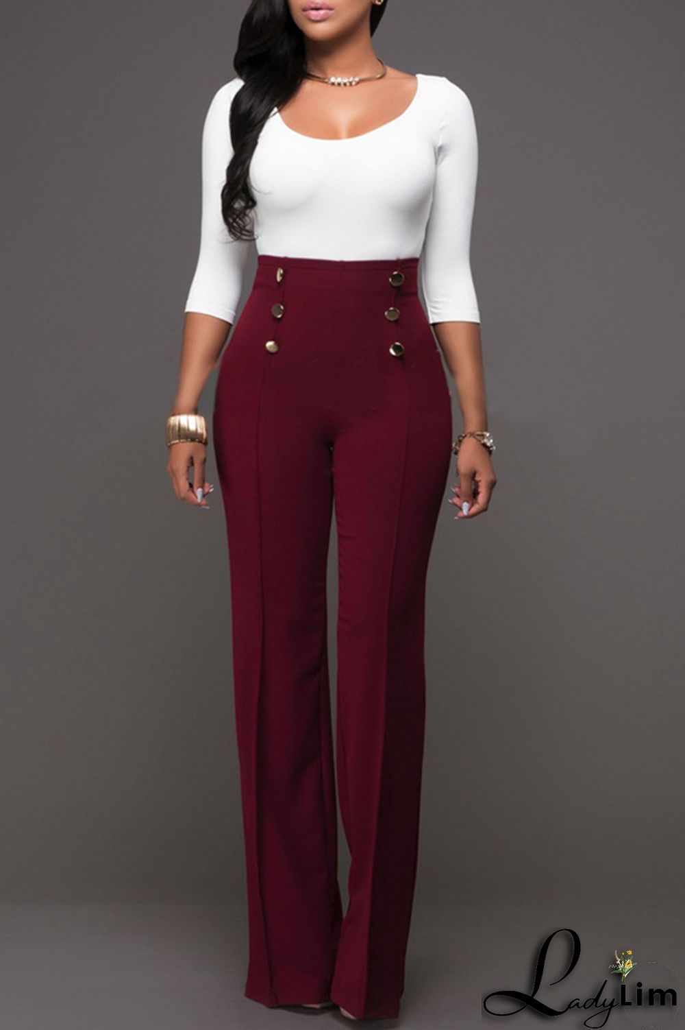 Rose Red Fashion Casual Solid Patchwork Regular High Waist Trousers
