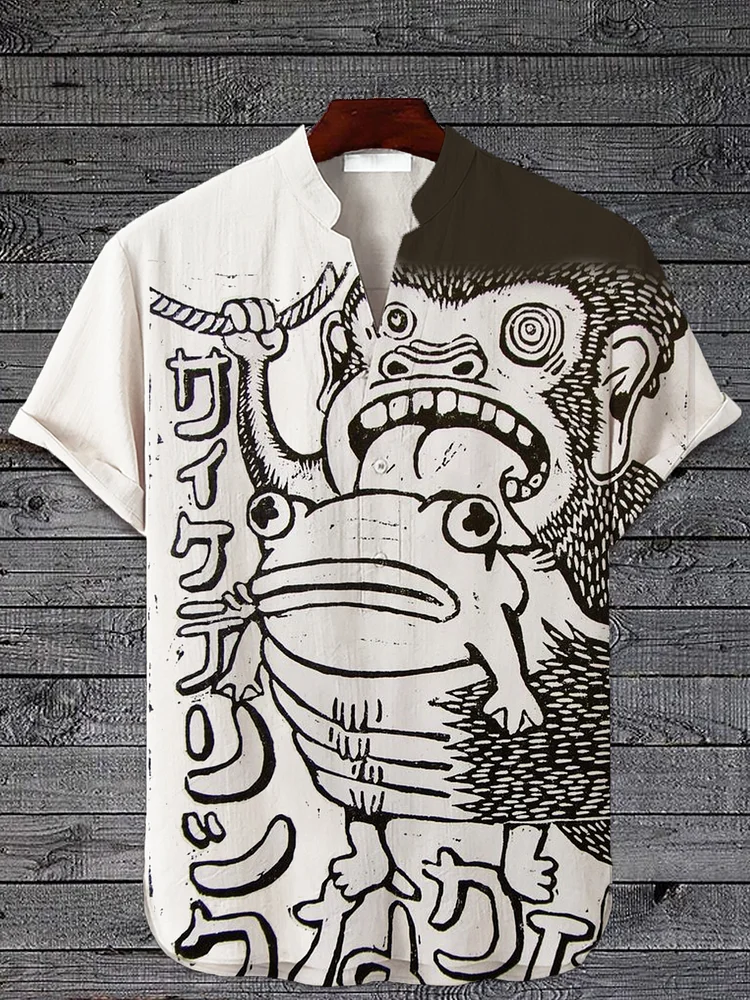 Men's Japanese Monkey Frog Art Print Half Button Short Sleeve Shirt