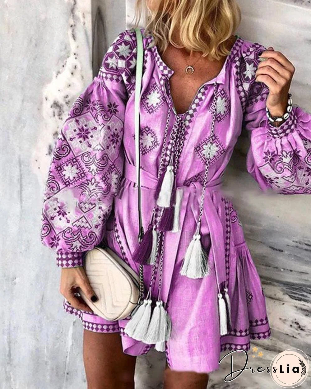 Plus Size Skater Floral V-Neckline Casual Tassel Plus Dress