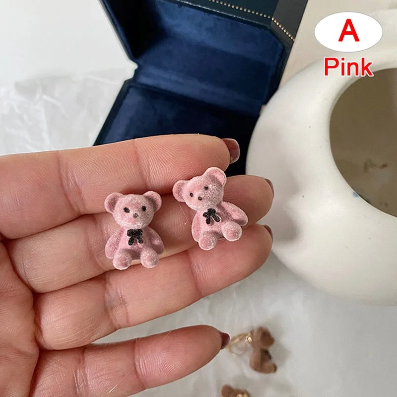 New Korean Kawaii Funny Plush Small Stud Earrings Cute Bow Bear Statement Dainty Earring Fashion Jewelry 2021