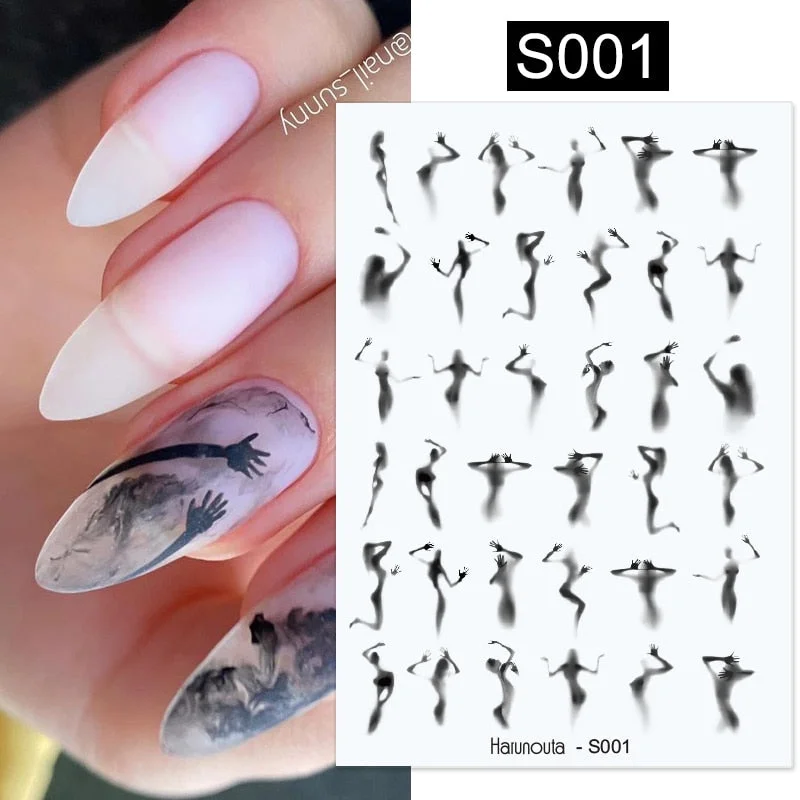 Harunouta Halloween 3D Black People Silhouettes Blooming Nail Stickers Sliders Gold Bronzing Leaf Flower Nail Foils Decoration
