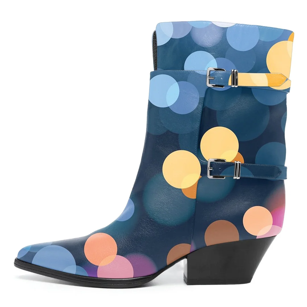 Multicolor Wide Calf Buckle Strap Polka Dot Booties for Women