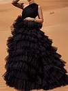 One-Shoulder Solid Color Split-Joint Mesh Evening Maxi Dress