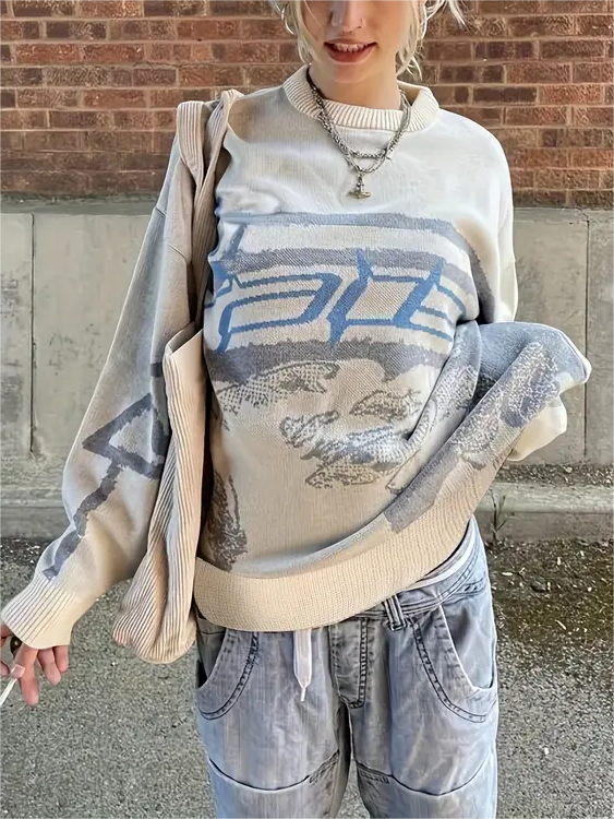 Brownm oversize jacquard sweater with graphics