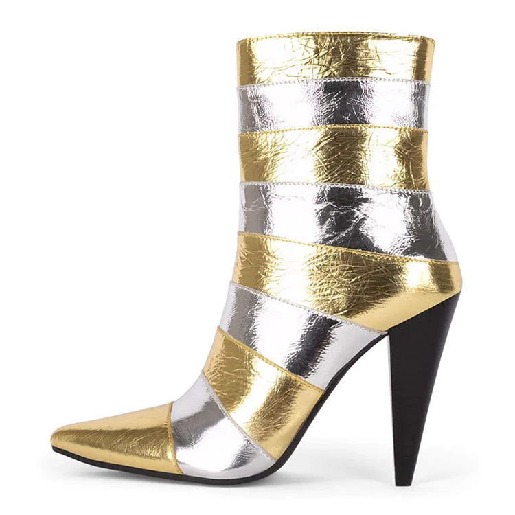 Silver & Gold Metallic Boots Cone Heel Stripes Booties for Women |FSJ Shoes
