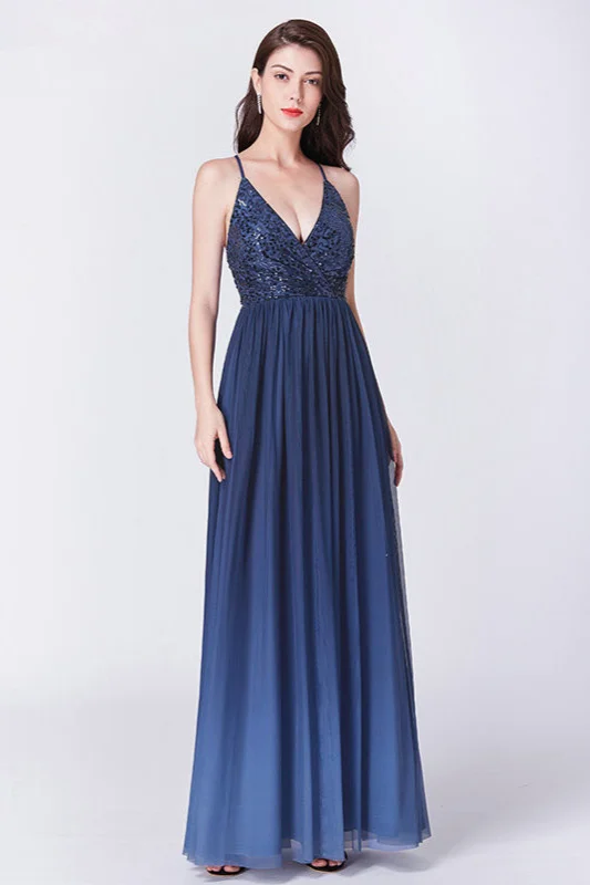 Bellasprom Navy Sequins Long Prom Dress Spaghetti-Straps