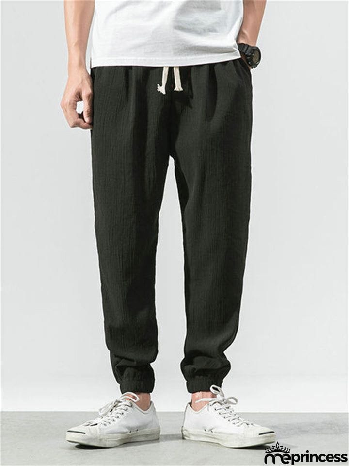 Men Cotton Linen Lightweight Drawstring Pants