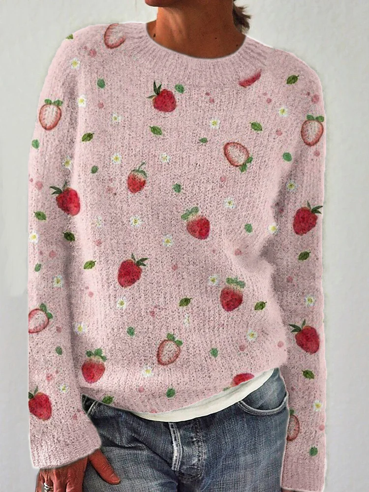 VChics Strawberry Floral Watercolor Pattern Cozy Sweater