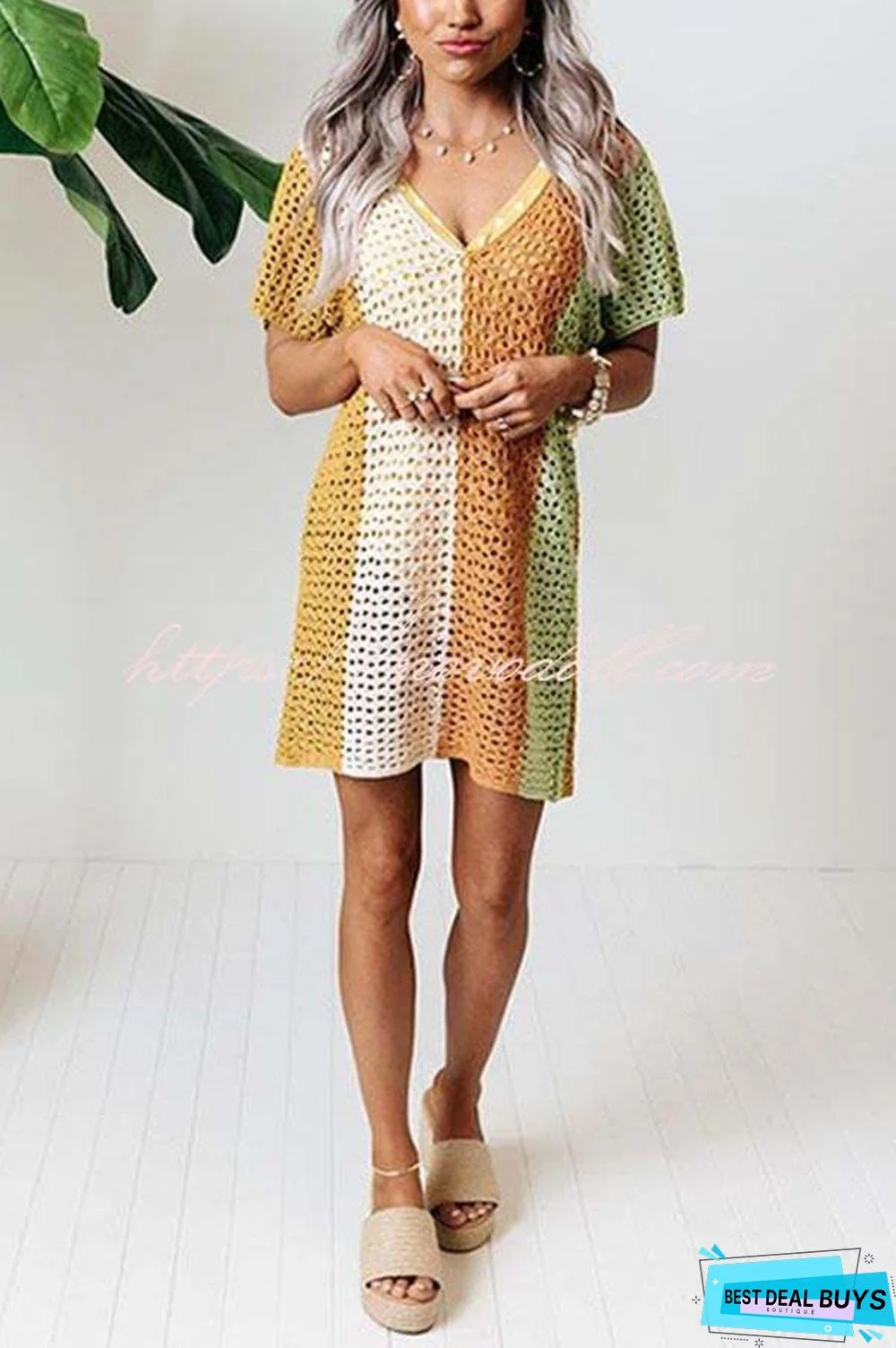 Ocean Whimsy Colorblock Crochet Cover Up Dress