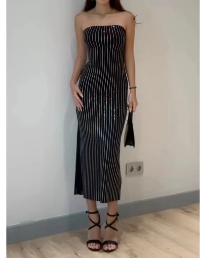 Sexy strapless striped slim-fit dress